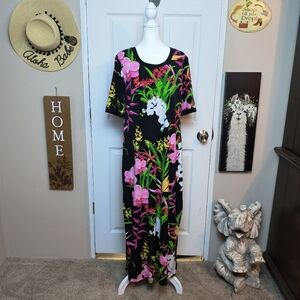 G.I.L.I. Women's Black Floral Hawaiian Print Maxi Dress Sz L Travel Vacationwear